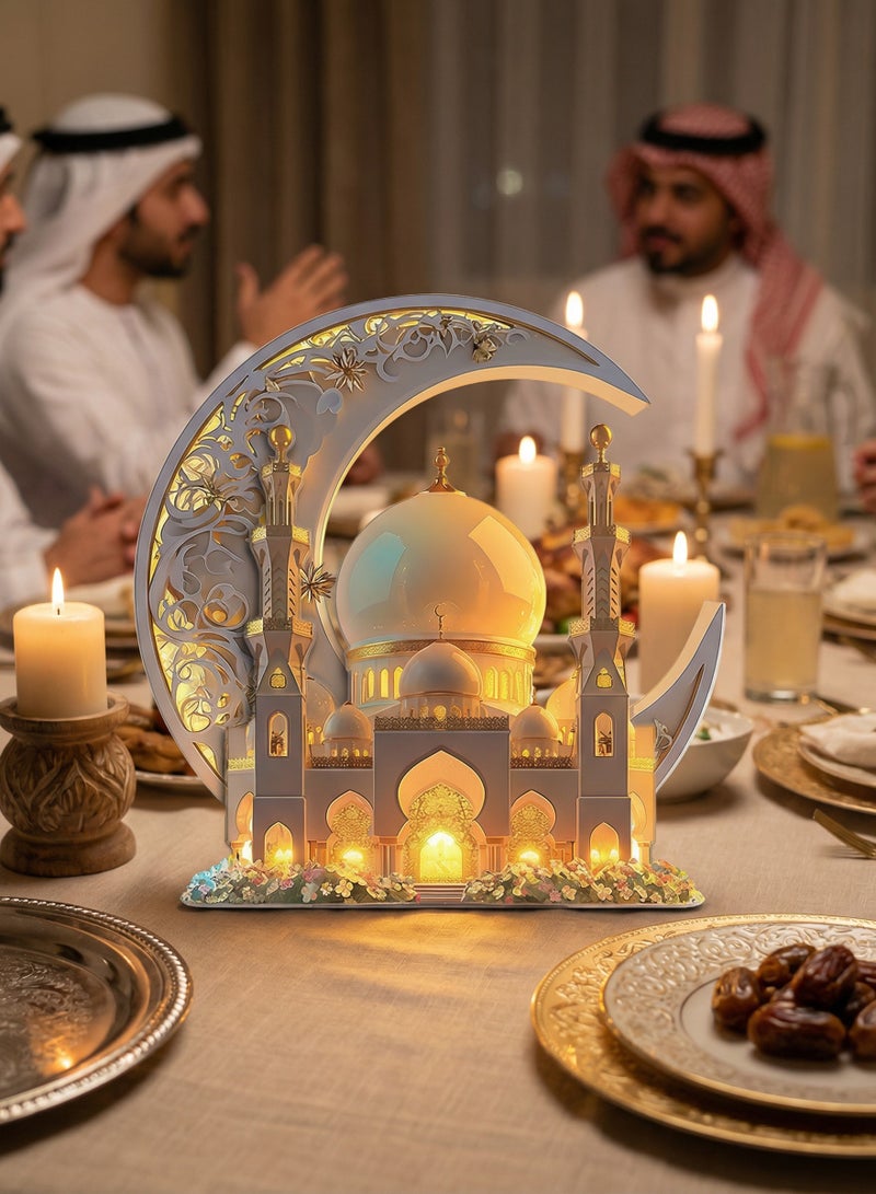 Acrylic Eid Mubarak Table Decoration，Ramadan Decorations for Home, Ramadan Gifts for Kids, Table Decor, 2D Spray Painted Acrylic Decorative Plaque Crescent and Palace - Image 2